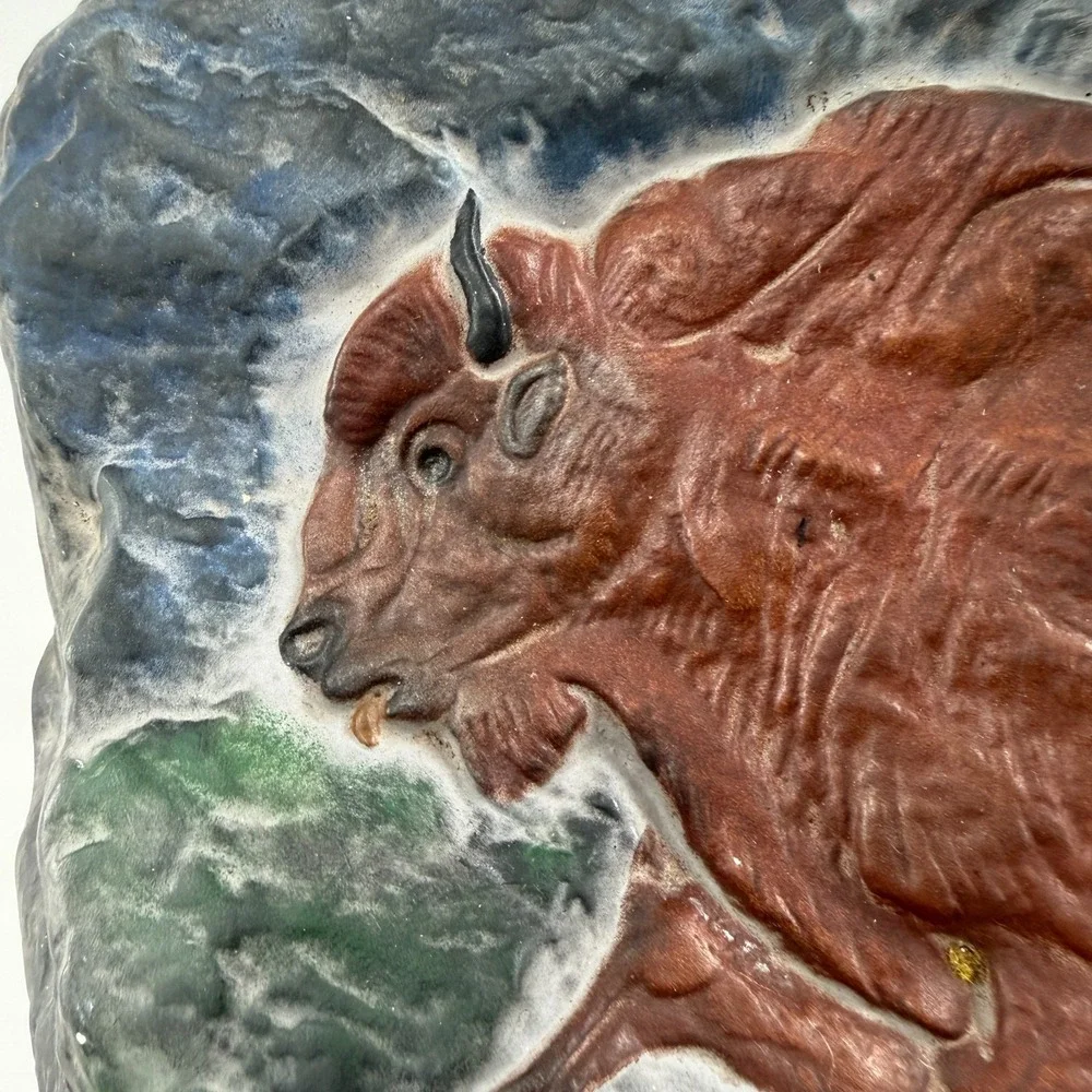 VTG Painted Buffalo Bison Relief Wall Plaque 9x5 Hand Painted Plaster Art Decor